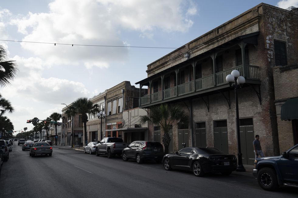 A street view of businesses in downtown Brownsville, Texas.